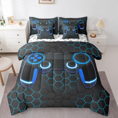 Castle Fairy Cartoon Gamepad 7 Pieces Comforters Queen Size Geometric Honeycomb Bed Set for Kids Boys,3D Gaming Bed in a Bag with Comforter, Fitted Sheet, Top Sheet and Pillowcases,Black Blue - color: Black Blue, size: Queen