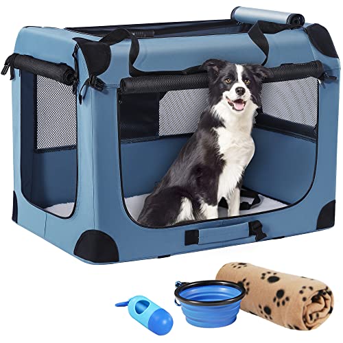 Petprsco Portable Dog Crate - 32"x23"x23" Collapsible Dog Travel Crate for Medium/Large Dogs with Soft Blanket, Foldable Bowl & Poop Bag Dispenser - Indoor & Outdoor Use - color: Blue, size: 32.0"L x 23.0"W x 23.0"H