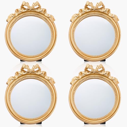 Threehoney 2 Pack Portable Small Vintage Gold Bow Mirror 4.1" Round Vintage Makeup Desk Mirror for Bedroom, Bathroom, Table Decoration - size: 4.1"