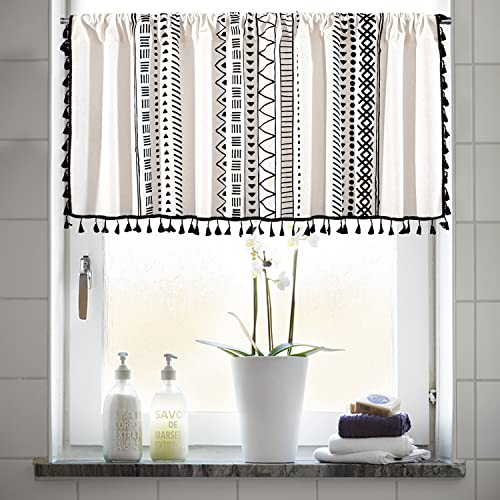 RYNGHIPY Cotton Linen Boho Curtains with Tassels Black and Ivory Striped Curtains Valances for Windows Farmhouse Window Treatment for Kitchen Bathroom 55-inch by 36-inch - color: Black and Ivory, size: 55"W x 36"L (Pack of 1)