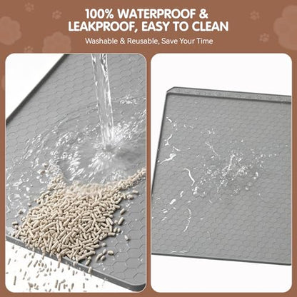 Silicone Cat Litter Mat, 34"x22" Large Waterproof Litter Box Mat with Honeycomb Wave Pattern, Non-Slip Easy Clean Litter Trapping Mat for Cat Litter Box Area Floor Protection (Gray)