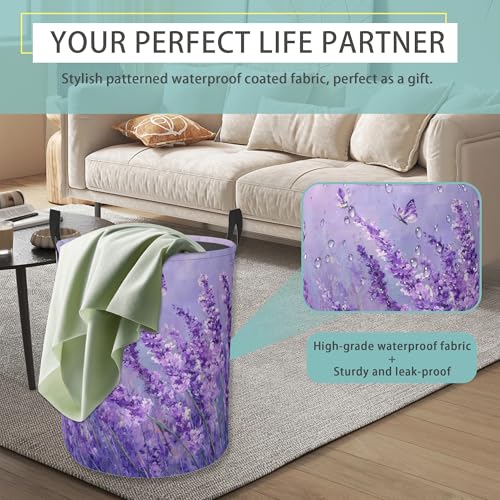 Purple Lavender Round Laundry Basket Collapsible Laundry Hamper with Handles Toys Clothes Organizer Bin For Home Bathroom Bedroom Dorm Nursery - color: Purple Lavender