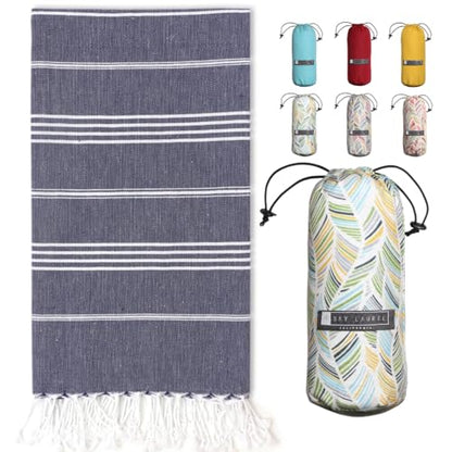BAY LAUREL Turkish Beach Towel with Travel Bag 39 x 71 Quick Dry Sand Free Lightweight Large Oversized Towels Light - color: Dark Blue With Yellow Floral Bag