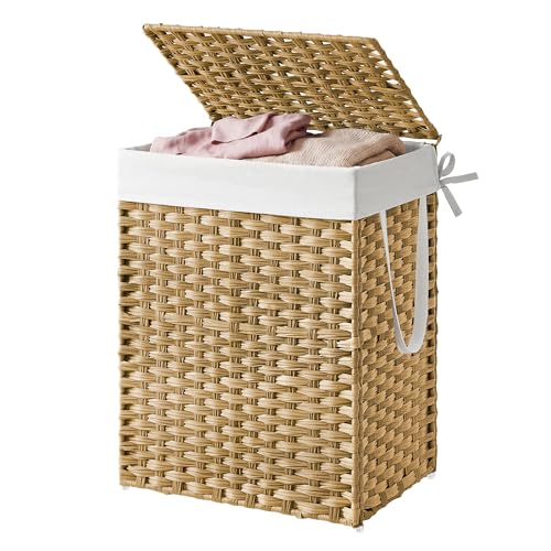 SONGMICS HOME Laundry Hamper with Lid, Clothes Basket with Removable Liner and Handles, 23.8 Gallon, Foldable Narrow Laundry Organizer for Bathroom, Bedroom, Light Brown - color: Light Brown, size: 90 L（with Lid）