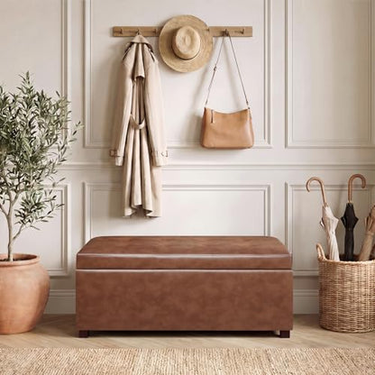 Asense Storage Ottoman Bench,Faux Leather Upholstered Ottoman with Storage,End of Bed Bench with Safety Hinge Wooden Legs,for Entryway,Bedroom,Living Room - color: 37" Faux Leather Tan Brown