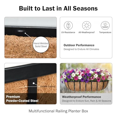 16“ Window Box Railing Planter with Coco Liner Metal Wall-Mounted Coconut Liner Planter Basket English Horse Trough Planters for Outdoor Deck Balcony Porch Fence Patio Black (2 Pack) - size: 16 Inch