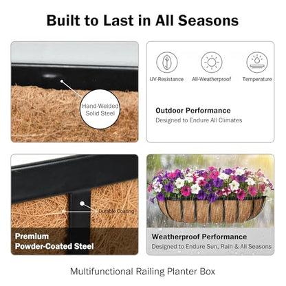 16“ Window Box Railing Planter with Coco Liner Metal Wall-Mounted Coconut Liner Planter Basket English Horse Trough Planters for Outdoor Deck Balcony Porch Fence Patio Black (2 Pack) - size: 16 Inch