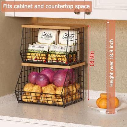 2 Set Stackable Wire Basket with Wooden Tops & Pad for kitchen organizers and storage, XXL Kitchen Counter Organizer for Fruit, Vegetable, Bread, Potato and Onion Storage Bin - size: 2pcs*11.8"*11.8"*18.9"