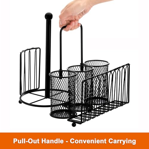 Elsjoy Picnic Utensil Holder Caddy with Handle & Paper Towel Holder, Metal Silverware Organizer Portable Flatware Holder for Cutlery, Fork, Spoon, Plate, Napkin