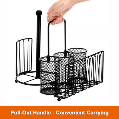 Elsjoy Picnic Utensil Holder Caddy with Handle & Paper Towel Holder, Metal Silverware Organizer Portable Flatware Holder for Cutlery, Fork, Spoon, Plate, Napkin