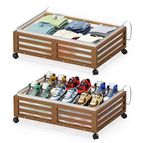 Under Bed Storage with Wheels-Large Bamboo Underbed storage Containers with Large Dust Bag Stackable Under the Bed Shoe Storage Bins for Clothes Books Bedding (2 Packs walnut, 23.62"L×16.54"W× 6.51"H) - color: 2 Packs Walnut, size: 23.62"L×16.54"W× 6.5"H