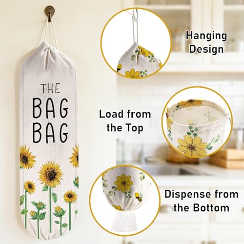 2Pcs Sunflower Plastic Bag Holder for Kitchen Essentials, Reusable Hanging Grocery Bag Organizer, Sunflower Gifts for Women, Washable Large Grocery Trash Bags Storage Dispenser - style: Sunflower