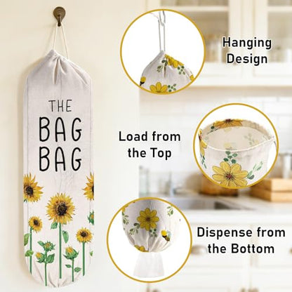 2Pcs Sunflower Plastic Bag Holder for Kitchen Essentials, Reusable Hanging Grocery Bag Organizer, Sunflower Gifts for Women, Washable Large Grocery Trash Bags Storage Dispenser - style: Sunflower