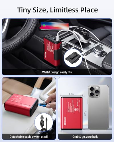 BESTEK 150W Car Power Inverter 11V-17V for Tesla Truck RV, 30W USB C PD 18W USB A Charger, 12V DC to 110V AC Converter with Detachable Cigarette Lighter Cable, 10-Layer Protection, ETL Certified, Red - color: Red