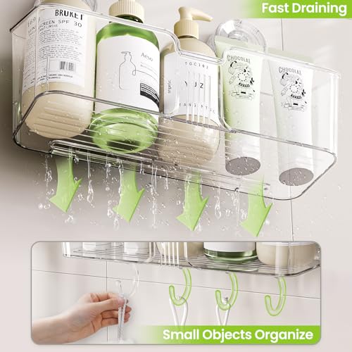 LUXEAR Shower Caddy Suction Cup, No Drilling Strong Hold Shower Organizer with Hooks & Soap Dish Fast Draining Removable Reusable Bathroom Storage Shelf Friendly for Bathroom/Kitchen/RV 22LBS Capacity - color: Clear