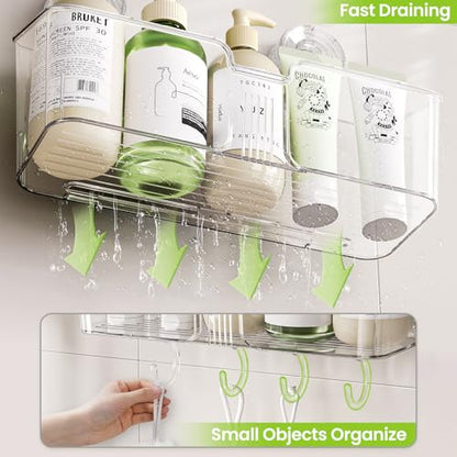 LUXEAR Shower Caddy Suction Cup, No Drilling Strong Hold Shower Organizer with Hooks & Soap Dish Fast Draining Removable Reusable Bathroom Storage Shelf Friendly for Bathroom/Kitchen/RV 22LBS Capacity - color: Clear
