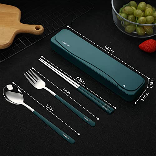 DEVICO Travel Utensils, 18/8 Stainless Steel Portable Reusable Camping Silverware Cutlery Flatware Set, 4-Piece Include Fork Spoon Chopsticks with Case (Dark Green) - color: Dark-green