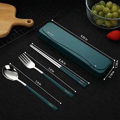 DEVICO Travel Utensils, 18/8 Stainless Steel Portable Reusable Camping Silverware Cutlery Flatware Set, 4-Piece Include Fork Spoon Chopsticks with Case (Dark Green) - color: Dark-green