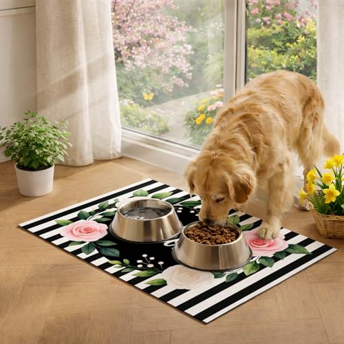 HOMETITUTE Pet Feeding Mat Black White Stripe Pattern 20" x 12", Welcome Sign Flower Design Non Slip Dog Cat Food Mat, Easy Clean Fast Dry Absorbable Pet Bowl Mat for Food and Water - color: colorful9
