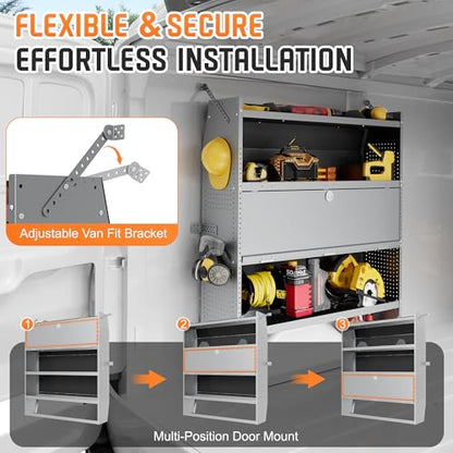Cargo Van Shelving with Lockable Door Kits,Fit Transit, Nv, Promaster,Sprinter Mid/High Roof,Adjustable Heavy-Duty Steel Van Shelving Storage System W/Hooks & Ropes,52" W X 60" H X 13" D