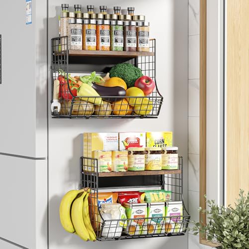 2 Pack Magnetic Shelf for Fridge with Wood Lid, Fruit Potato and Onion Storage Bins, Pantry Organizers and Storage, Strong Magnetic Spice Rack for Refrigerator, Kitchen Counter and Laundry Room - color: Black, size: Large (2 Pack)