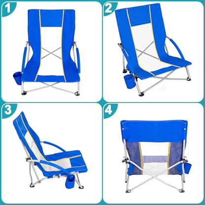 Romswi 2 Pack Lightweight Low Beach Chairs with Breathable Mesh Back, 6LBS Folding Portable Sand Chairs with Cup Holder, Heavy Duty 300lbs Capacity for Camping & Outdoor Use, Blue - color: Blue - Low Back