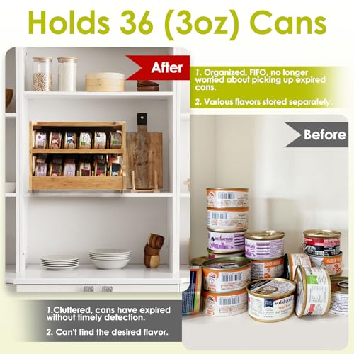 Coanto Cat Food Can Organizer for Pantry, Bamboo 2-Tier FIFO Rotating Can Dispenser, Holds 36 (3oz) Wet Cat Food Cans, Stackable Storage Shelf for Kitchen Cabinet