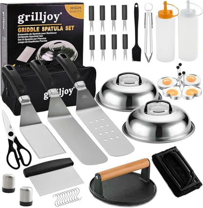 Grilljoy 38pcs Professional Griddle Accessories Kit for Blackstone, with Smash Burger Press, Extra Thick Grill Spatula, Turner, Flipper - Flat Top Grill Tools Kit for Outdoor BBQ Teppanyaki