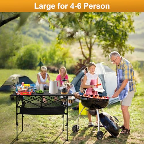 Folding Camping Table, Outdoor Roll-up Table Height Adjustable & Portable Metal Camp Grill Table for Picnic, BBQ, Party, Backyard, Beach, Mesh Storage and Carry Bag (Ash Black, 37.4'' Large) - size: 37.4'' Large