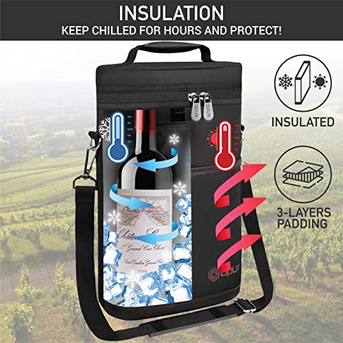 opux 2 Bottle Wine Carrier Tote, Insulated Leakproof Wine Cooler Bag, Wine Travel Bag Tote for Picnic BYOB Beach, Portable Wine Bottle Carrying Case, Gift for Wine Lover Women Men Christmas, Black - color: Black