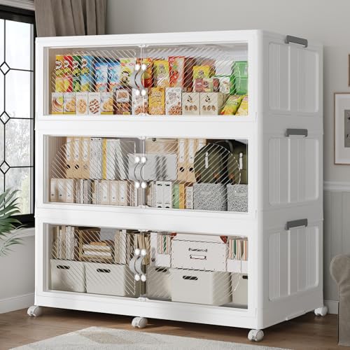 180GAL/720QT Plastic Storage Bins with Lids & Wheels, Collapsible Stackable Storage Boxes, Large Folding Cabinet Organizers for Closet Home Kitchen Office, 3Pack White - color: White, size: 60Gal-3Pack