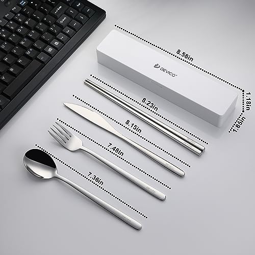 DEVICO Travel Utensils with Case, Portable Silverware Set for Work, 5Pcs 18/8 Stainless Steel Reusable Cutlery with Silicone Slots, Korean Chopsticks Fork and Spoon Set for Lunch, Camping, School
