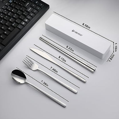 DEVICO Travel Utensils with Case, Portable Silverware Set for Work, 5Pcs 18/8 Stainless Steel Reusable Cutlery with Silicone Slots, Korean Chopsticks Fork and Spoon Set for Lunch, Camping, School
