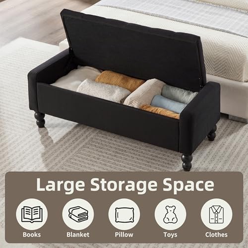 50" W Storage Ottoman Bench with Safety Hinge, Load up to 660 lb Ottoman with Storage, Upholstered Tufted Entryway Bench with Seating for Living Room, Bedroom, Entryway, Black - color: Black