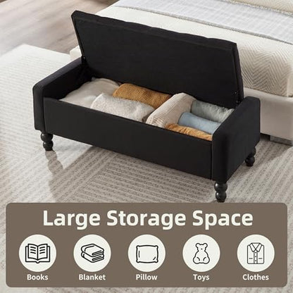 50" W Storage Ottoman Bench with Safety Hinge, Load up to 660 lb Ottoman with Storage, Upholstered Tufted Entryway Bench with Seating for Living Room, Bedroom, Entryway, Black - color: Black