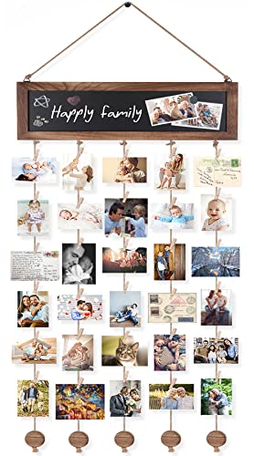 Bikoney Picture Frames Collage Photo Hanging Display Picture Board Wood Rustic Frames for Wall Decor and Dorm Room Decor with Blackboard and 30 Clips Carbonized Black - color: Carbonized Black, size: 1-Pack