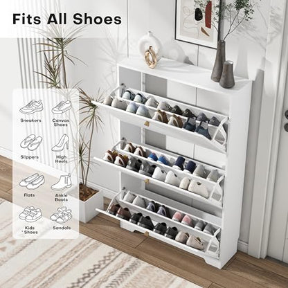 Nicetree Shoe Cabinet with 3 Flip Drawers, Narrow Shoe Organizer Cabinet, Freestanding Shoe Rack Cabinet, Modern Shoe Storage Cabinet for Entryway, Hallway, Foyer, White with Hook - color: White, style: 3-Drawers with Hook