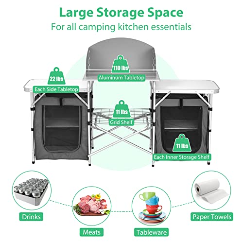 GYMAX Folding Camping Table, Portable Kitchen Table with 2 Zipper Organizer Shelf & Wind Screen, Foldable Cooking Table for Camping Hiking Picnic BBQ (Grey) - color: Grey