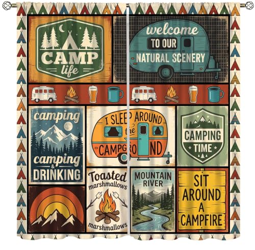 RV Camper Patchwork Curtain, Rustic Farmhouse Outdoor Travel Camping Travel Lovers for Men Or Woman Printed Rod Pocket Window Drapes for Bedroom Living Room Decor 42" W X 45" L - color: Camping-19, size: 20.5"W x 45"L (Pack of 2)