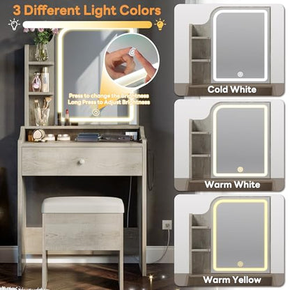 LIKIMIO Small Makeup Vanity Desk with Mirror and Lights, Vanity Table Set with Storage Drawer, Chair and Three Shelves, Bedroom, White Walnuts - color: White Walnuts