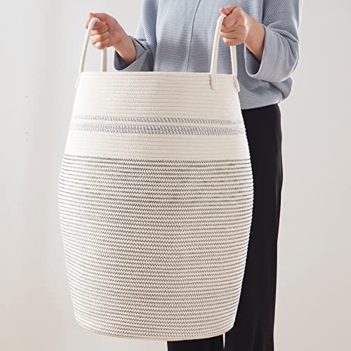 OIAHOMY Laundry Hamper Woven Cotton Rope Large Clothes Hamper 25.6" Height Tall Laundry Basket with Extended Cotton Handles for Storage Clothes Toys in Bedroom, Bathroom, Foldable (Light Grey) - color: White black