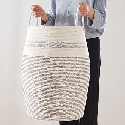 OIAHOMY Laundry Hamper Woven Cotton Rope Large Clothes Hamper 25.6" Height Tall Laundry Basket with Extended Cotton Handles for Storage Clothes Toys in Bedroom, Bathroom, Foldable (Light Grey) - color: White black