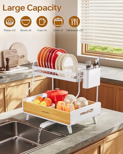 Urackify 2-Tier Dish Drying Rack, Large Stainless Steel & Bamboo Dish Rack for Kitchen Counter, Dish Drainers with Adjustable Automatic Spout, Drying Rack Kitchen with Utensil Holder, White - color: White, size: 2 Tier