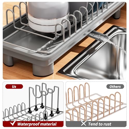 SanDream Small Dish Drying Rack with Removable Utensil Holder & Anti-Scratch Base - Stainless Steel Dish Rack, Dish Drying Rack with Drainage & Space Saving Design for Kitchen Counter, Gray - color: Gray