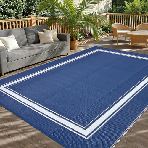 Waterproof Outdoor Rug 8x10, Border Reversible Plastic Straw Patio Camping Rugs, Outdoor Indoor RV Mat Carpet for Patio, Outside Entry, Backyard, Deck, Bench, Picnic, Camper，Blue/White - color: Border | Blue/White, size: 8' x 10' (Rectangular)