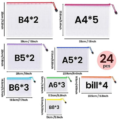 24pcs Mesh Zipper Pouch Bags - 8 Sizes Plastic Zipper Pouches for Organization, Mesh Bags with Zipper, Waterproof Clear Travel Pouches, UMETDO File Bag with Zipper for Office Supplies
