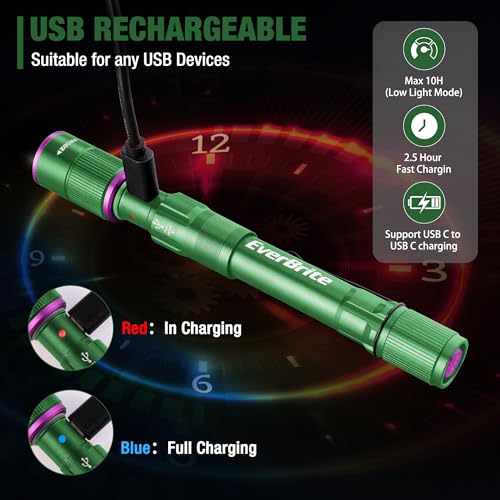 EverBrite Rechargeable Pen Flashlight with UV Light and White Light, 395nm Black Flashlight with Clip, Zoomable 4 Modes with Memory, USB C Cable, for Camping, Emergency, Pet Urine Detection,Green - color: Green