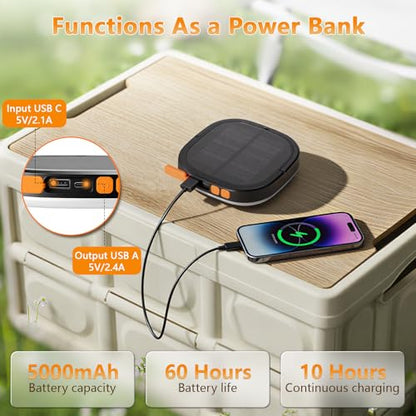 Solar Camping Lights, Solar Camping Lantern Rechargeable 5000mAh LED 5 Light Modes IP65 Waterproof with USB Charging – Lanterns for Power outages Hurricane, Hiking, Fish, Emergency, and Home - style: No Remote