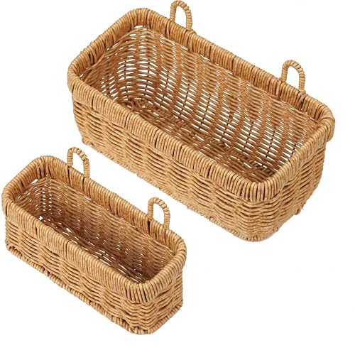 Tioncy 2 Pcs Woven Hanging Wall Baskets for Storage Boho Style Hanging Storage Plastic Woven Baskets with 4 Hooks for Kitchen Garden Living Room - color: Light Brown, size: Boho