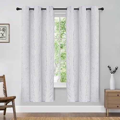 BUHUA White Bedroom Curtains 63 Inches Long, Room Darkening Blackout Curtains 2 Panel Sets, Elegant Silver Tree Branches Print Window Treament for Livingroom 38W x 63L, Greyish White - color: Greyish White, size: 38"W x 63"L (Pack of 2)